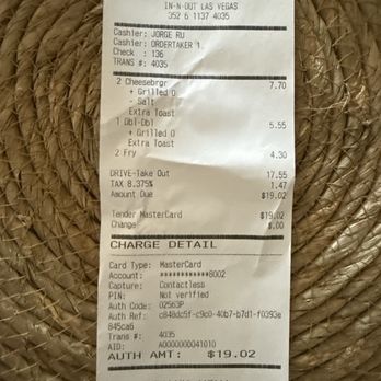 In-N-Out Burger - A receipt from In-N-Out at 3397 W Russell Rd - Burgers Near Me - Las Vegas, Nevada