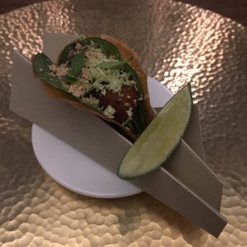 Benu - Taco served on a paper plane! Cute idea - Asian Fusion Near Me - San Francisco, California