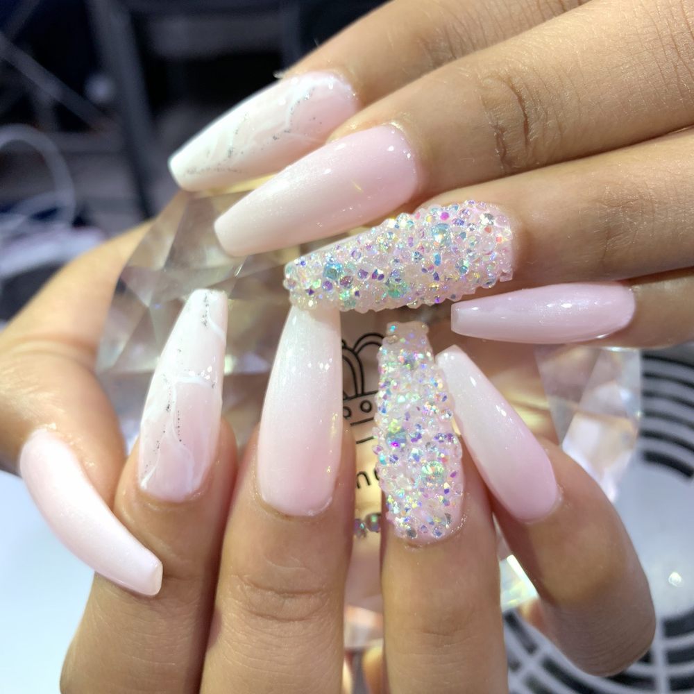Diamond Pretty Nail Salon - Done by Elain pixie stone with white gel marble - Nail Salons Near Me - Brooklyn, New York Diamond Pretty Nail Salon - Done by Elain pixie stone with white gel marble - Nail Salons Near Me - Brooklyn, New York