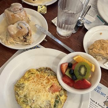 Ann Sather Restaurant - V-4 Omelet, Small Fruit Cup, 2 Homemade Cinnamon Rolls - Scandinavian Near Me - Chicago, Illinois