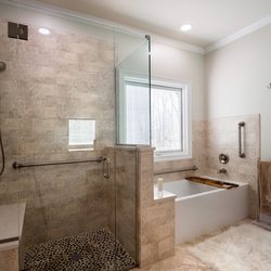 Steller Construction - Steller was able to create a more accessible bathroom with a zero-entry shower and grab bars