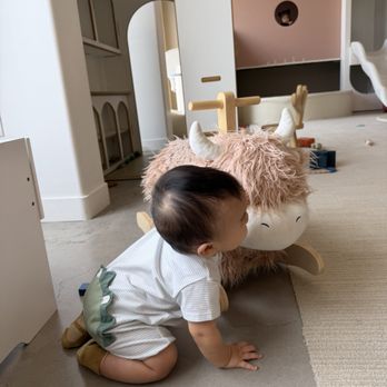 Mini Milestones - A young child with short dark hair is kneeling on a beige carpeted floor, leaning forward and touching a large plush dragon toy. The toy has a fluffy pink body, white horns, and a smiling face. The playroom features white walls, built-in shelves, and various toys scattered around. The environment appears bright and child-friendly. - Indoor Playcenter Near Me - Phoenix, Arizona