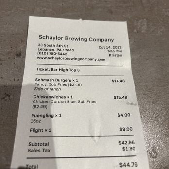 Schaylor Brewing - Bill for 2 - Breweries Near Me - Lebanon, Pennsylvania