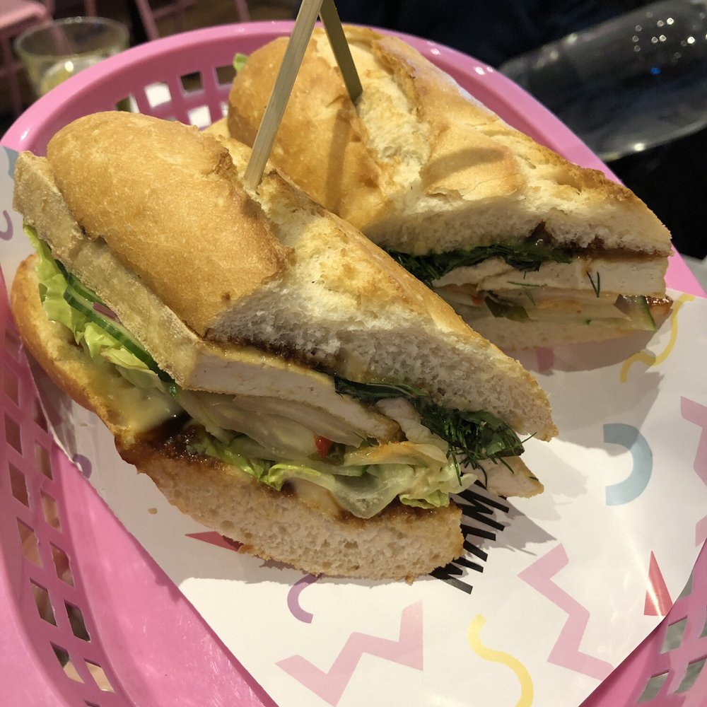 Deer Mama - Tofu Banh Mi: Baguette with Fried Tofu, little gem, cucumber, kimchi, hoisin sauce, green herbs, & sesame mayo - Vegan Near Me - Amsterdam, New Hampshire