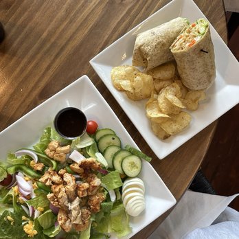 What The Fork Local Eatery - House Salad w/ no croutons and grilled chicken + (special) Asian Crispy Chicken Wrap w/ chips - Breakfast & Brunch Near Me - Fremont, Indiana What The Fork Local Eatery - House Salad w/ no croutons and grilled chicken + (special) Asian Crispy Chicken Wrap w/ chips - Breakfast & Brunch Near Me - Fremont, Indiana