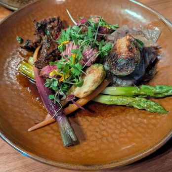 Ingredients - Carne Asada - Latin Inspired (GF/NutsF) Marinated, Garlic & Achiote, 8 oz. Grilled Hanger's Steak, Peruvian Purple Potatoes Gratin, Vegetabl - New American Near Me - San Francisco, California
