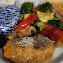 Franco's Pizza & Steak House - Chicken breast Cordon bleu with roasted veggies and a loaded potatoe on the side