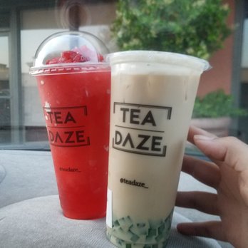 Tea Daze - watermelon slush w/ strawberry popping boba & strawberry topping; wintermelon milk tea w/ green tea jelly - Bubble Tea Near Me - Stockton, California Tea Daze - watermelon slush w/ strawberry popping boba & strawberry topping; wintermelon milk tea w/ green tea jelly - Bubble Tea Near Me - Stockton, California