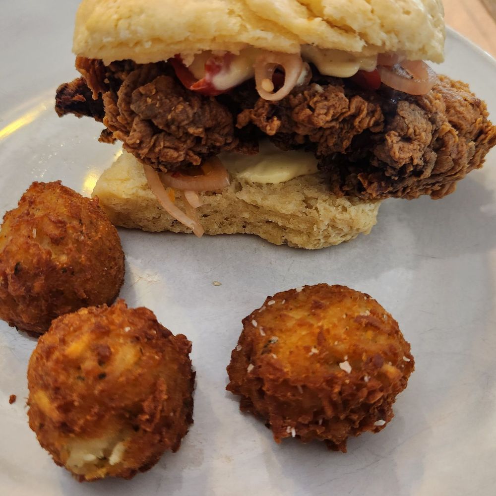 Ophelia’s - Crispy chicken biscuit. Didn't like onion "jam" spread. - Cafes Near Me - Fort Wayne, Indiana Ophelia’s - Crispy chicken biscuit. Didn't like onion "jam" spread. - Cafes Near Me - Fort Wayne, Indiana