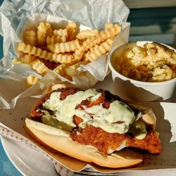 Fries, mac & cheese, and fish fry