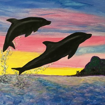 Paint Paina - Final "Dolphins Flying High" painting after bringing it home and adding more blue and white to the water and glitter to the water splashes! - Paint & Sip Near Me