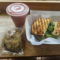 Great Harvest Bread - Strawberry smoothie, blueberry scone, tuscan chicken panini