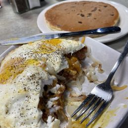 So good, I had started before I snapped this picture of corn beef hash, eggs, & pecan pancakes. So good, I had started before I snapped this picture of corn beef hash, eggs, & pecan pancakes.