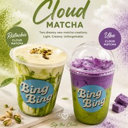 BingBing - Pistachio Cloud Matcha & Ube Cloud Matcha - premium matcha topped with our signature creamy cloud foam.