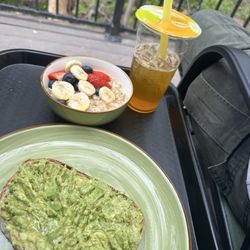 Avocado toast, oatmeal, black tea on the porch