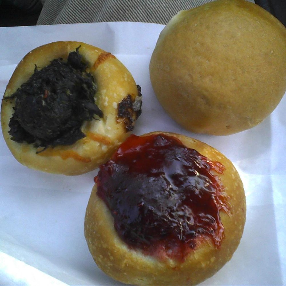 Kolache Factory - A nice trifecta--Spinach, sausage and gravy, and raspberry. - Bakeries Near Me - Austin, Texas Kolache Factory - A nice trifecta--Spinach, sausage and gravy, and raspberry. - Bakeries Near Me - Austin, Texas