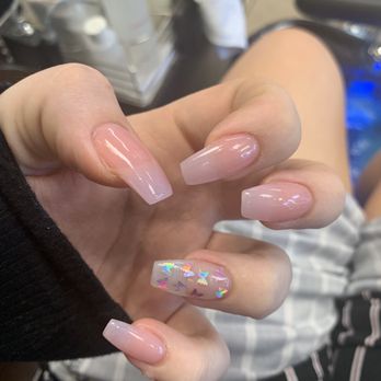 Millennium Nails & Spa - 441 Gel , clear acrylic light pink and silver butterfly's sparkle top coat 45$ - Nail Salons Near Me - Riverside, California