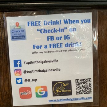Tup Tim Thai Restaurant - They have a promotion going on right now. If you check in and show them you get a free drink! - Thai Near Me - Gainesville, Florida