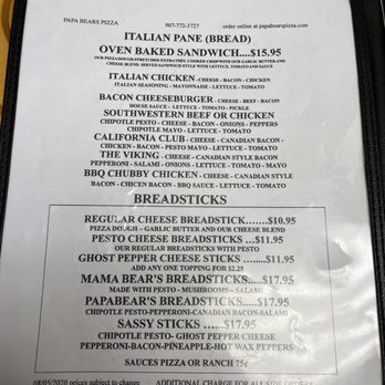 Papa Bear's Pizza - a menu for a pizza - Pizza Near Me - Petersburg, Alaska