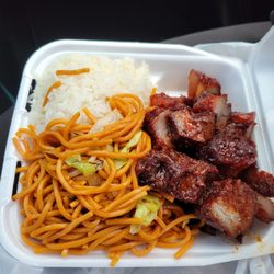 Golden Chopstix - BBQ pork single item meal with steamed rice and chow mein. Delicious!