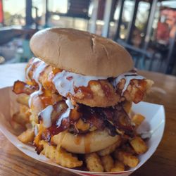 Mr Tendies - The McGangbang. Bacon cheese burger with chicken tenders Chipotle Mayo, bourbon glaze and buttermilk ranch dressing. So delicious