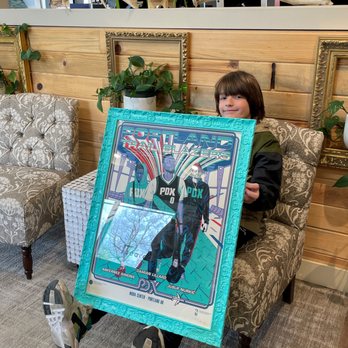 Beard's Framing - A very happy customer holding his favorite team in a bright teal Roma LAVO Teal Capri frame. - Framing Near Me - Portland, Oregon Beard's Framing - A very happy customer holding his favorite team in a bright teal Roma LAVO Teal Capri frame. - Framing Near Me - Portland, Oregon