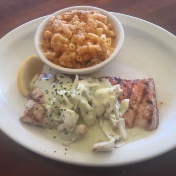 Coconuts - Fish of the Day. Blackened grouper with crab on top with a side of Mac n Cheese. - Seafood Near Me - Fort Lauderdale, Florida