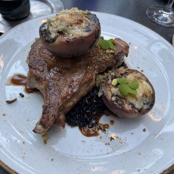 Harvest - Bone-in pork chop w/blue cheese brûleed peach, pistachio, forbidden black rice! AMAZING!!! - New American Near Me - Cambridge, Massachusetts Harvest - Bone-in pork chop w/blue cheese brûleed peach, pistachio, forbidden black rice! AMAZING!!! - New American Near Me - Cambridge, Massachusetts