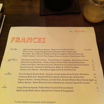 Frances - Menu 10/30/2010 - New American Near Me - San Francisco, California