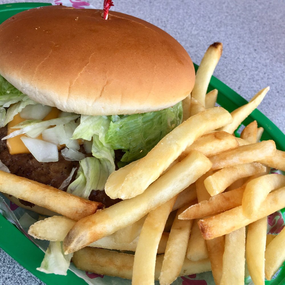 Single cheese burger, Fries cost extra $2.29 so this came to about $9.00 bucks and no drink.