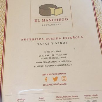 El Manchego Restaurant - Front page of Menu - Spanish Near Me - Miami, Florida El Manchego Restaurant - Front page of Menu - Spanish Near Me - Miami, Florida