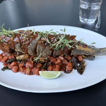 Bocanova - Grilled Branzino with Brussels sprouts. - Latin American Near Me - Oakland, California