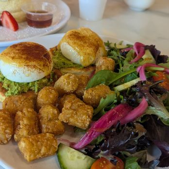 Fluffy Fluffy - Eggs Benedict with avocado, and pancake as the base - Pancakes Near Me - Elk Grove, California Fluffy Fluffy - Eggs Benedict with avocado, and pancake as the base - Pancakes Near Me - Elk Grove, California