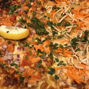 Moose's Tooth - Half barbecue salmon special and half Spicy Thai Chicken - Pizza Near Me - Anchorage, Alaska