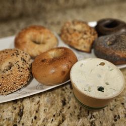 The Laundromat - Salt, everything, pumpernickel, poppyseed, plain, sesame (top left gong clockwise) & scallion cream cheese