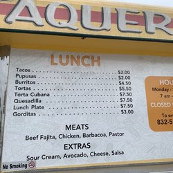 Taqueria Y Pupuseria - Lunch menu and hours