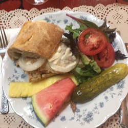The Tea Room at Merrie Pennie's - Sandwich special. Dine in or take out menu changes daily. Food service Tues thru Sat from 11am - 2pm.