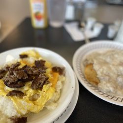 Waffle House - Sausage , Egg & Cheese Grits  Two Grilled Biscuits & Sausage Gravy  My go to! Yum