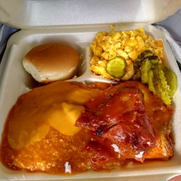 Large BBQ Chicken plate (white meat), macaroni, double sides of hash and rice, pickles, and extra sauce on everything Large BBQ Chicken plate (white meat), macaroni, double sides of hash and rice, pickles, and extra sauce on everything