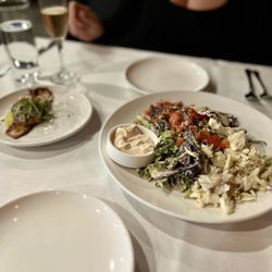 Parlor House Bistro - Foie gras with apricot & date paste. Blue Crab salad with burrata & balsamic drizzle.