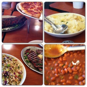 Stonefire Grill - we had a feast! ribs, pizza, mashed potato, coleslaw, beans, tri-tip, lemon chicken, barbecue chicken, breadsticks, & salads - American Near Me - Irvine, California
