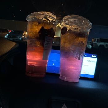 Starbucks - Strawberry Açaí Refresher with NO water, but probably has water in right drink. Note color differences and totally tasted watered down. - Coffee & Tea Near Me - Costa Mesa, California