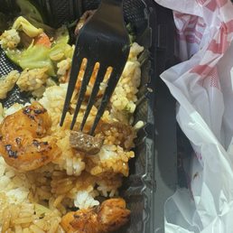 Steak pieces in her food. Steak pieces in her food.