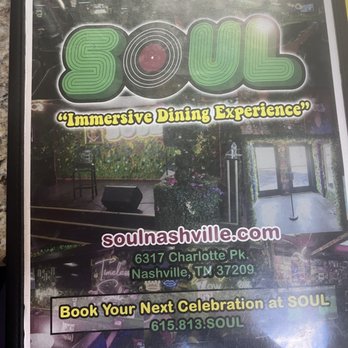 Soul - Front of menu with contact info - Italian Near Me - Nashville, Tennessee