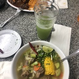 Beef soup  Chicken in mole  Fresh hand made tortillas (the best) Different flavored water as I go cucumber flavor