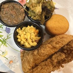 Aunny's - Fish, mac & cheese, broccoli casserole, okra, and butter beans.