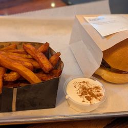 Black Label Burgers - Black label Burger well done with sweet potato fries and marshmallow sauce