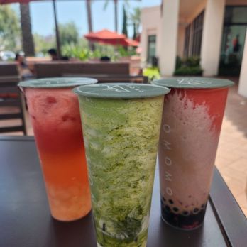 OMOMO Tea Shoppe - Watermelon Green Tea 5/5 (left), Omomo Matcha 5/5 (middle), Strawberry Tornado 5/5 (right) - Coffee & Tea Near Me - Irvine, California