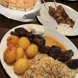 Astoria Shish Kebob House - Pork souvlaki dinner (lg) & 2 chicken souvlaki sticks & garlic bread