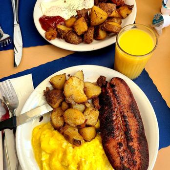 Jimmy's Eastside Diner - Country sausage breakfast plate with scrambled eggs and bacon breakfast plate with over easy eggs - both were great! - Diners Near Me - Miami, Florida Jimmy's Eastside Diner - Country sausage breakfast plate with scrambled eggs and bacon breakfast plate with over easy eggs - both were great! - Diners Near Me - Miami, Florida
